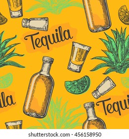 Seamless pattern of glass and bottle tequila, salt, cactus and lime on yellow background. Vintage vector engraving illustration for label, poster, web, invitation to party