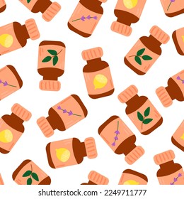 seamless pattern, glass bottles with essential oils on a white background, lavender, lemon, tea tree