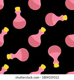 seamless pattern of glass bottles filled with elixir on a black background. The concept of Halloween, witchcraft