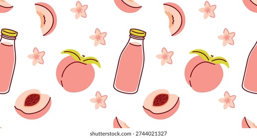 Seamless pattern with glass bottles of peach juice, fruit halves, slices, and pink flowers. Healthy lifestyle and organic beverage texture for menu, kitchen decor, and cafe branding.