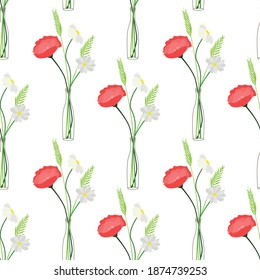 Seamless pattern with glass bottles which contain flowers and branches. Line art hand drawn illustration. Gentle floral background. For textile, papers, prints