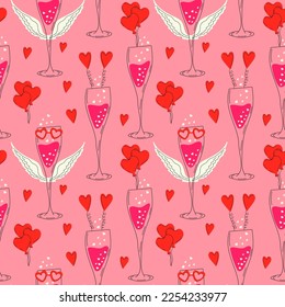Patrón sin foco con vaso de champán decorado para el Día de San Valentín. Amor, Día de San Valentín