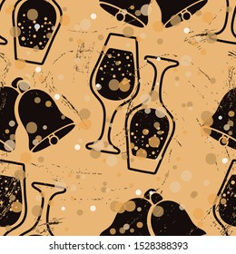 Seamless pattern with Glass of champagne and jingle bell in old retro style. Repeated vintage pattern grunge design for wrapping paper or background. Craft paper imitation. New Year Drink silhouette