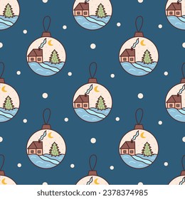 Seamless pattern with glass Christmas ball with landscape. Blue background. House with stove smoke, Christmas tree, moon in the sky and snowing. Colorful vector illustration doodle hand drawn