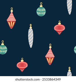 Modelo inconsútil con las decoraciones de cristal del árbol de navidad en fondo oscuro. Navidades y Año Nuevo. Ilustración vectorial.