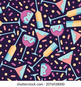 Seamless pattern with glass cocktails, wine, champagne and vermouth, celebrate, cheers and drinking alcohol cocktails. Cartoon vector illustration in flat style. Vector illustration