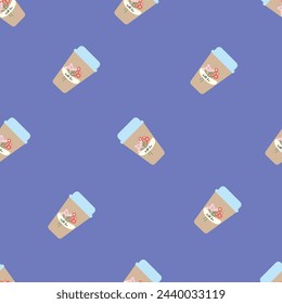 seamless pattern glass of coffee with flowers vector illustration, lilac