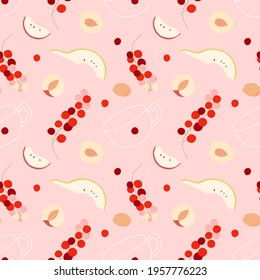 Seamless pattern with a glass cup, apple, pear, peach slices, apricot, red currant. For prints, backgrounds, wrapping paper, textile, wallpaper, etc. 