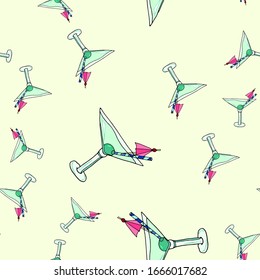 Seamless pattern glass of dry martini cocktail and olives on a colorful background. Hand drawing alcoholic cocktail. Vector illustration in cartoon style.