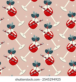 Patrón sin fisuras de un vaso con una bebida festiva, decorado con una rama de abeto, bayas viburnum y paja. Una copa de vino en una mano. Vector
