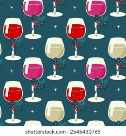 Seamless pattern of a glass with a festive drink, decorated with a spruce branch, viburnum berries. Vector