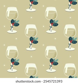 Seamless pattern of a glass with a festive drink, decorated with a spruce branch, viburnum berries. Vector