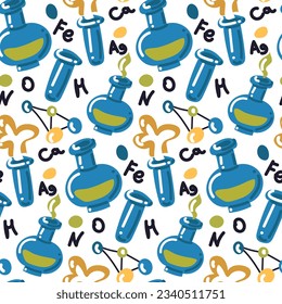 Seamless pattern with glass flasks and chemical elements. Back to school. Background for a chemistry lesson. Flasks with liquids for experiments. Printing on the package