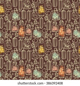 Seamless pattern with glass flasks and crystals, tribal magical ornament, vector illustration