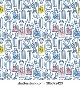 Seamless pattern with glass flasks and crystals, tribal magical ornament, vector illustration