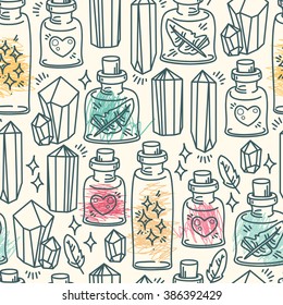 Seamless pattern with glass flasks and crystals, tribal magical ornament, vector illustration