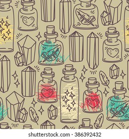 Seamless pattern with glass flasks and crystals, tribal magical ornament, vector illustration