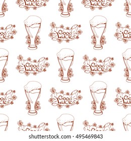 Seamless pattern with a glass of foamy beer and of good luck banner.