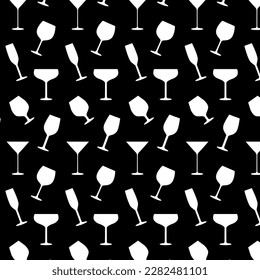 Seamless pattern of glass goblets for wine and drinks. Cup for alcohol drink, champagne, cocktail and liquor. Symbol of restaurant. Isolated on black background. Vector illustration.