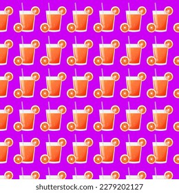 Seamless pattern glass of grapefruit or orange juice, and a slice of grapefruit. For posters, logos, labels, banners, stickers, product packaging design, etc. Vector illustration.