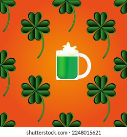 Seamless pattern with glass of green irish beer on orange background. Saint patrick's day concept with mug of traditional alcohol drink. Website banner with a shot cocktail. 
