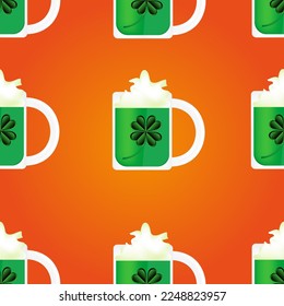 Seamless pattern with glass of green irish beer on orange background. Saint patrick's day concept with mug of traditional alcohol drink. Website banner with a shot cocktail. 