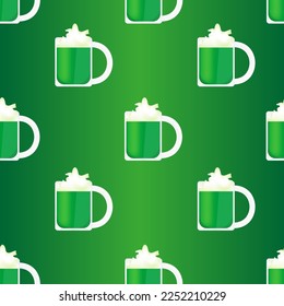 Seamless pattern with glass of green irish beer on green background. Saint patrick's day concept with cup of traditional alcohol drink. Website banner with a shot cocktail. 