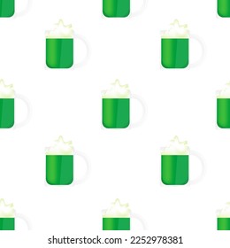 Seamless pattern with glass of green irish beer on white background. Saint patrick's day concept with cup of traditional alcohol drink. Website banner with a shot cocktail. 