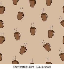 seamless pattern with glass of hot drink illustration on brown background. hand drawn vector. coffee time icon, hot chocolate. doodle art for wallpaper, backdrop, fabric, textile, wrapping paper. 