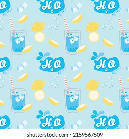 Seamless pattern. Glass, ice, lemon, water splash. Hand drawn cute trendy vector illustration. For summer mood fabrics and designs.
