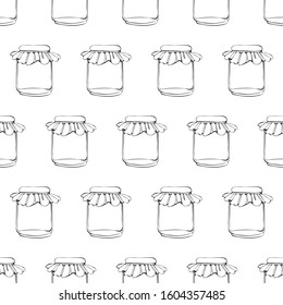 Seamless pattern glass jar drawn by art line. Black and white illustration of food storage utensils. Monochrome pattern in vector. Background of glassware for canning home products.