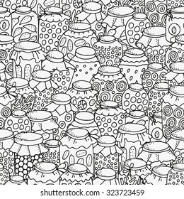Seamless pattern with glass jars. Canning. Pattern for coloring book.   Hand-drawn decorative elements in vector. Black and white pattern.  Made by trace from sketch. Zentangle.