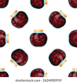 Seamless pattern of glass jars filled with ripe cherries preserved in sweet syrup, perfect for food packaging or backgrounds