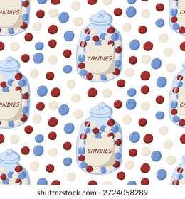 Seamless pattern with glass jars filled with colorful round candies scattered on white background in flat vector style. The illustration represents sweet treats, childhood joy and confectionery design