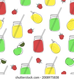 seamless pattern glass jars with juice with a straw and green apples, yellow pears and strawberries are drawn in one line on a white background