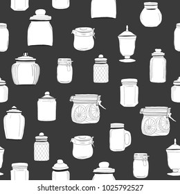 Seamless Pattern Glass Jars on black.