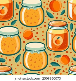 seamless pattern with glass jars with peach jam