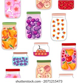 Seamless pattern with glass jars with sweet fruit and berry jams. Print for kitchen textile. 