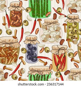 Seamless pattern with glass jars and vegetables. Kitchen texture. Hand drawn. Vintage style