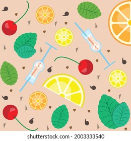 Seamless pattern with a glass of juice, leaves, a cherry, lemon and orange slices on a soft pink background