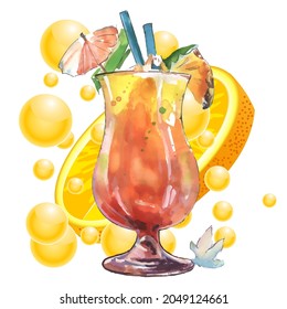 Seamless pattern. Glass of juice. Summer food concept. Vector illustration in a watercolor style. Element for design of invitations, movie posters. Vector illustration in a watercolor style.