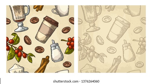 Seamless pattern glass latte, sugar, beans, branch with leaf and berry. Vector vintage color engraving illustration for poster, menu, banner. Isolated on beige background