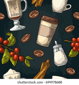 Seamless pattern glass latte, sugar, beans, branch with leaf and berry. Vector vintage color engraving illustration for poster, menu, banner. Isolated on dark background