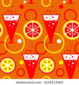 seamless pattern with a glass of lemonade with bubbles and lemon and orange slices