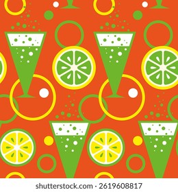 Patrón sin fisuras con un vaso de limonada con burbujas y rodajas de limón y naranja