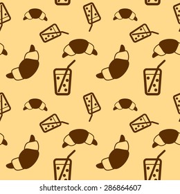 The seamless pattern with the glass of lemonade and cake.