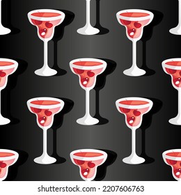 Seamless pattern with glass with a margarita cocktail with cherry on black background. Vector illustration with red alcohol cocktail with tequila and berry.