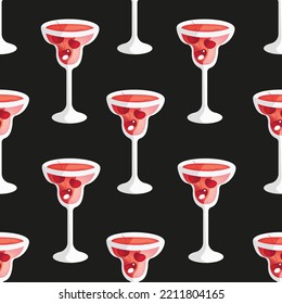 Seamless pattern with glass with a margarita cocktail with cherry on black background. Vector illustration with red alcohol cocktail with tequila and berry.