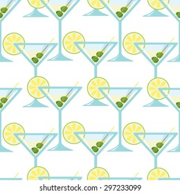 Seamless pattern with a glass of martini with olives and a slice of lime