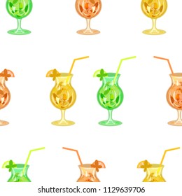 Seamless pattern glass of mojito, ice cubes, mint leaves, lime slice and whole lime. Vector illustration in flat style. Summer green drink. Cold mojito cocktail print